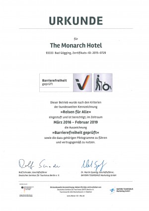 Zertifikat-300x424 „The Monarch Hotel“ ist barrierefrei: Das Vier-Sterne-Superior-Hotel besteht die Prüfung der Initiative „Reisen für Alle“